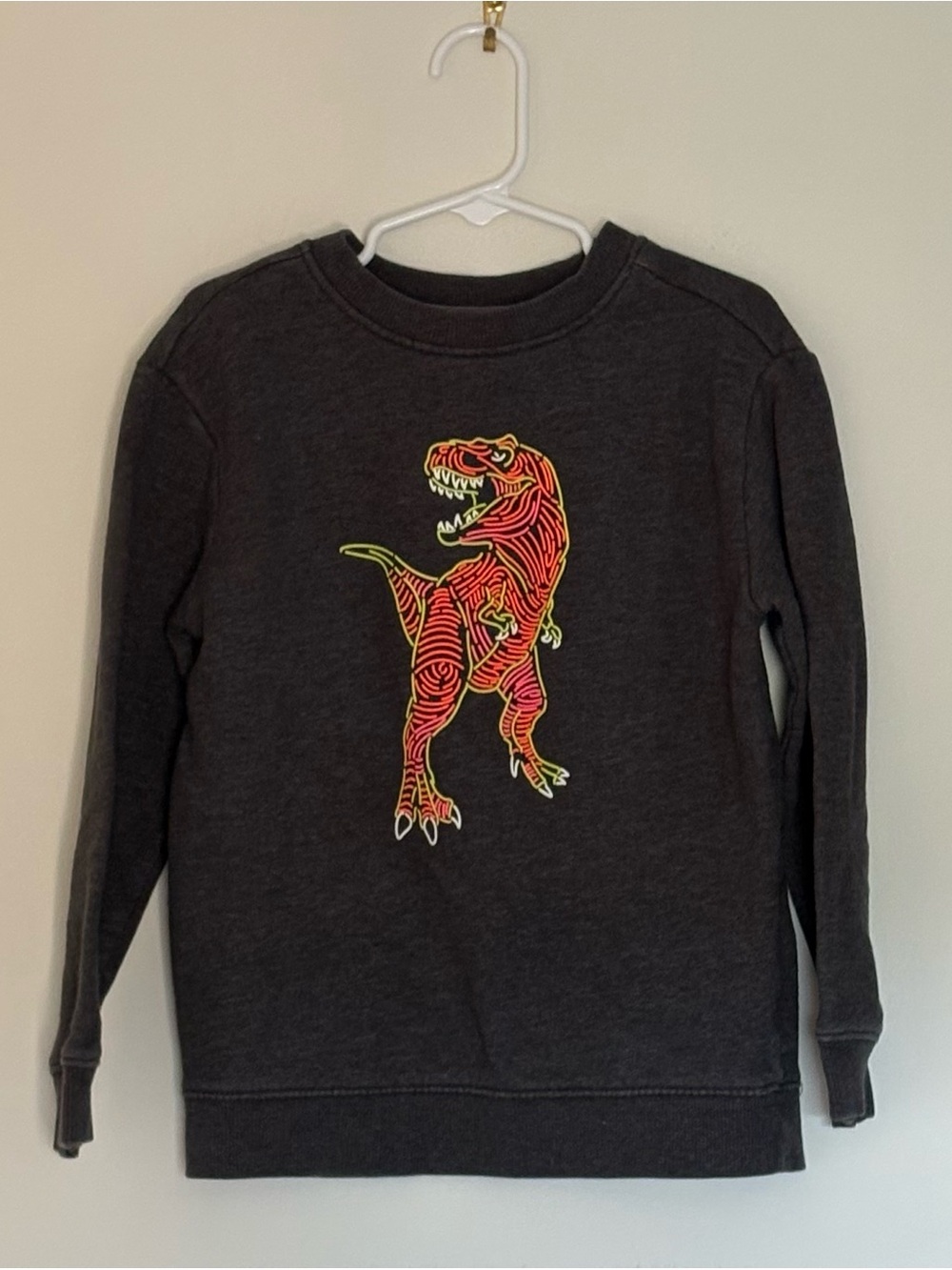 Cat & Jack Boys Charcoal Grey Neon Line Art T-Rex Dino Crewneck Sweatshirt